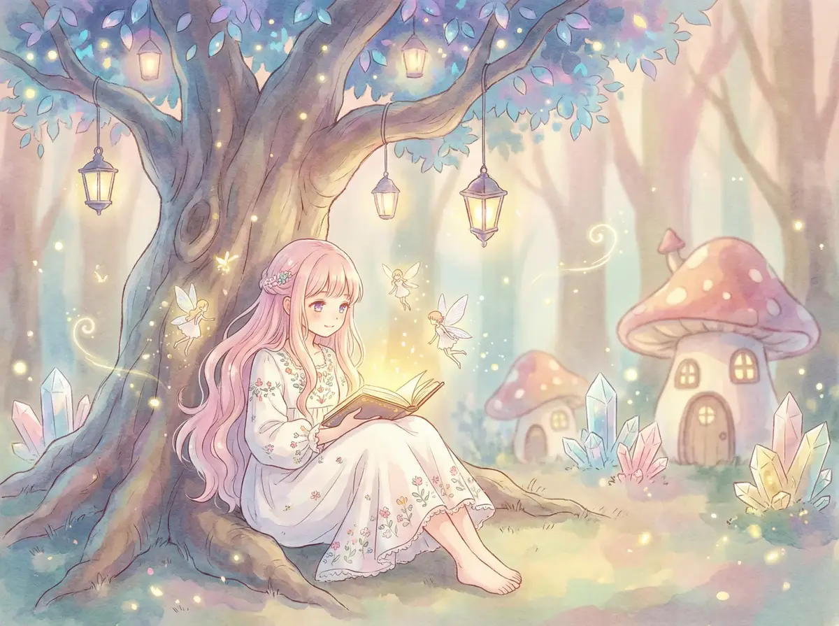 17.c1起草 - 魔法森林中阅读故事书的粉发少女与精灵